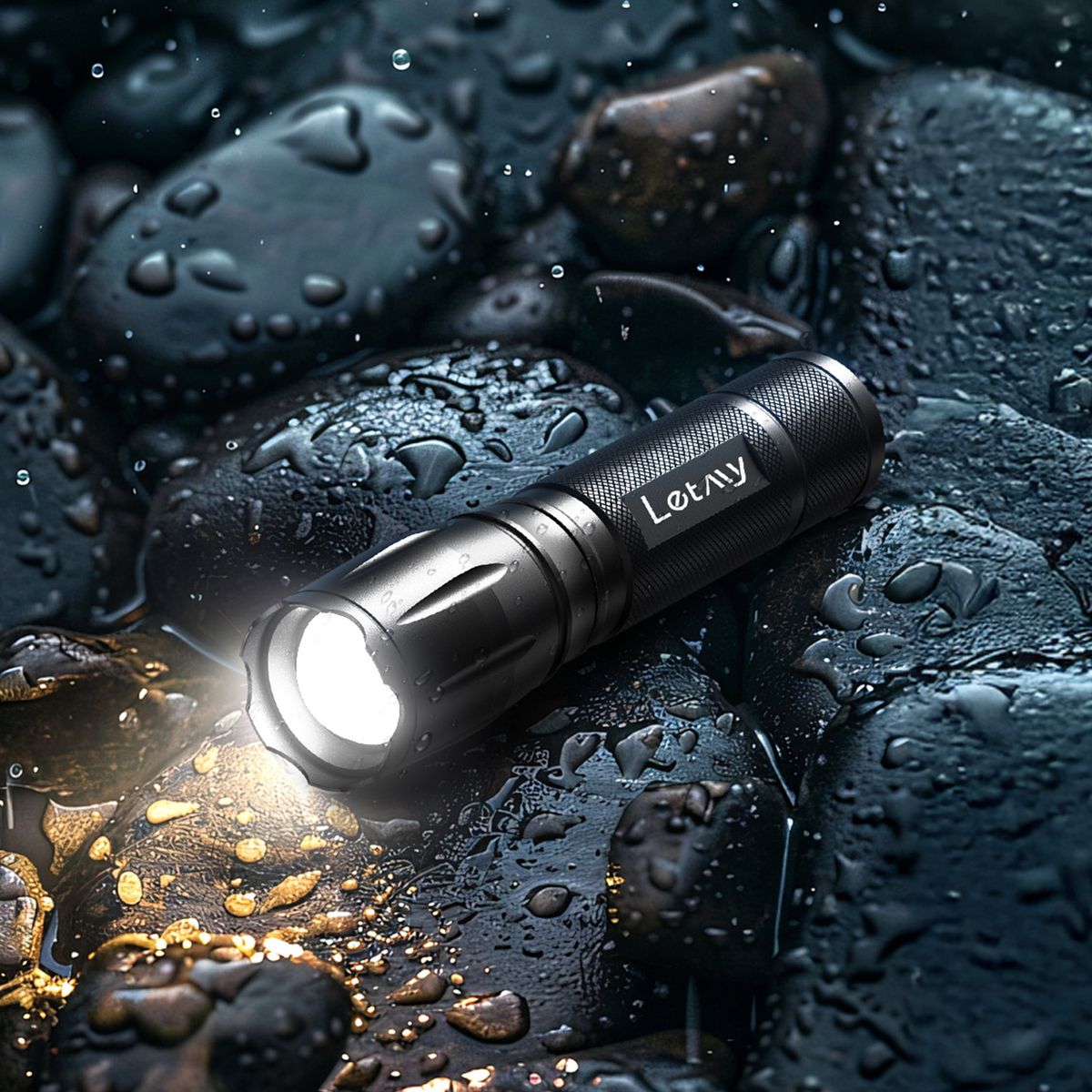 Letmy tactical flashlight on wet stones